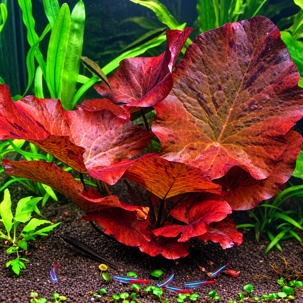 Red Tiger Lotus live aquarium plant with broad red and burgundy leaves growing in a planted freshwater tank