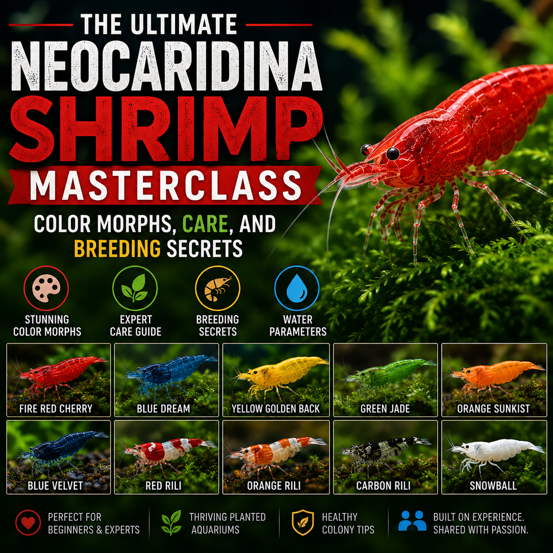 Neocaridina shrimp masterclass guide featuring color morphs, care, water parameters and breeding tips for freshwater shrimp
