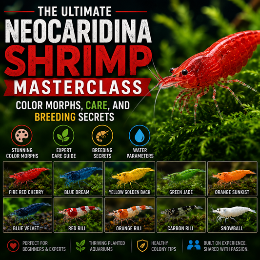 Neocaridina shrimp masterclass guide featuring color morphs, care, water parameters and breeding tips for freshwater shrimp
