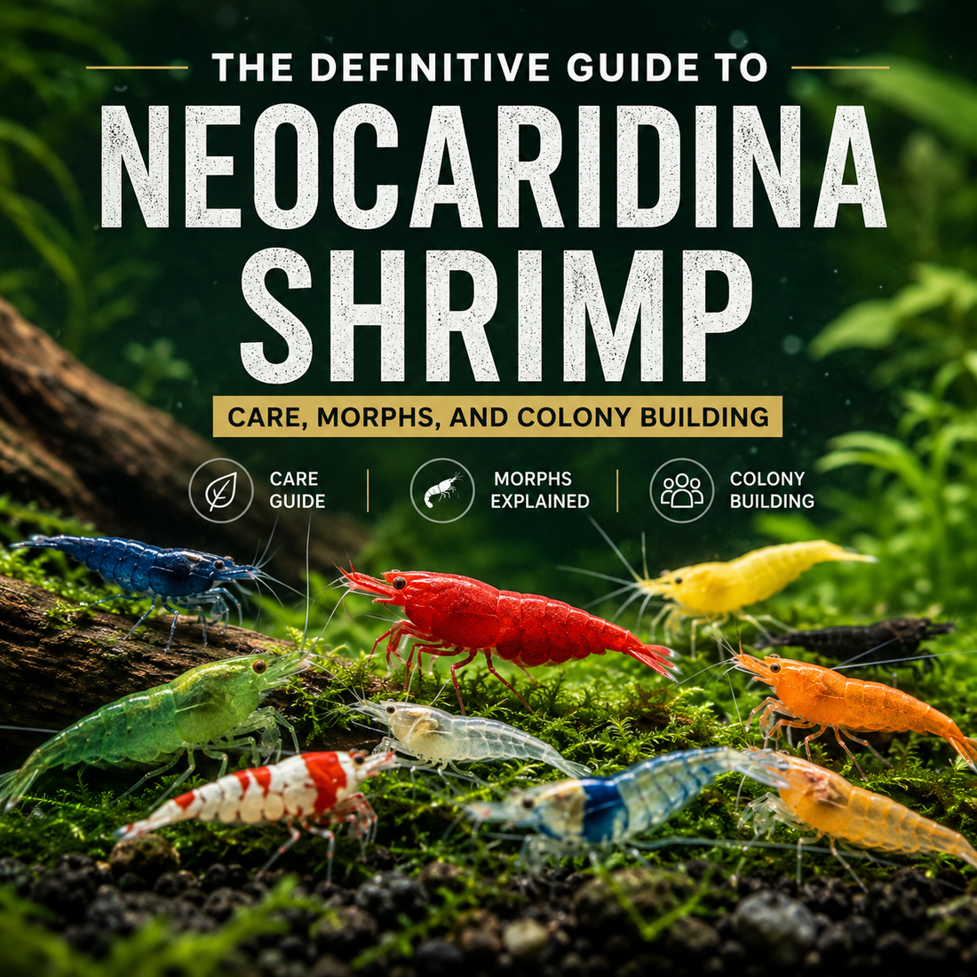 Colorful Neocaridina shrimp varieties in a planted freshwater aquarium, illustrating Neocaridina shrimp care, morphs, and colony building.