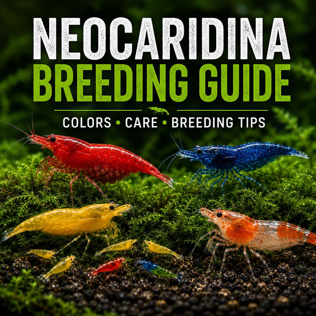 Colorful Neocaridina shrimp breeding colony with red, blue, yellow, and Orange Rili shrimp, illustrating Neocaridina breeding, care, and colony growth.