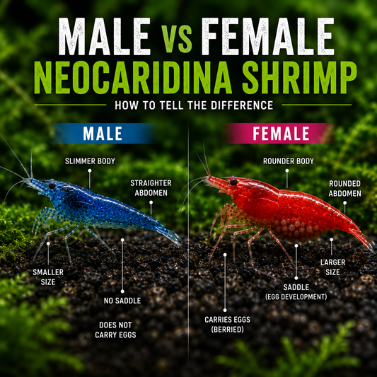 Male vs. female Neocaridina shrimp comparison showing differences in body size, abdomen shape, saddle development, and egg carrying.