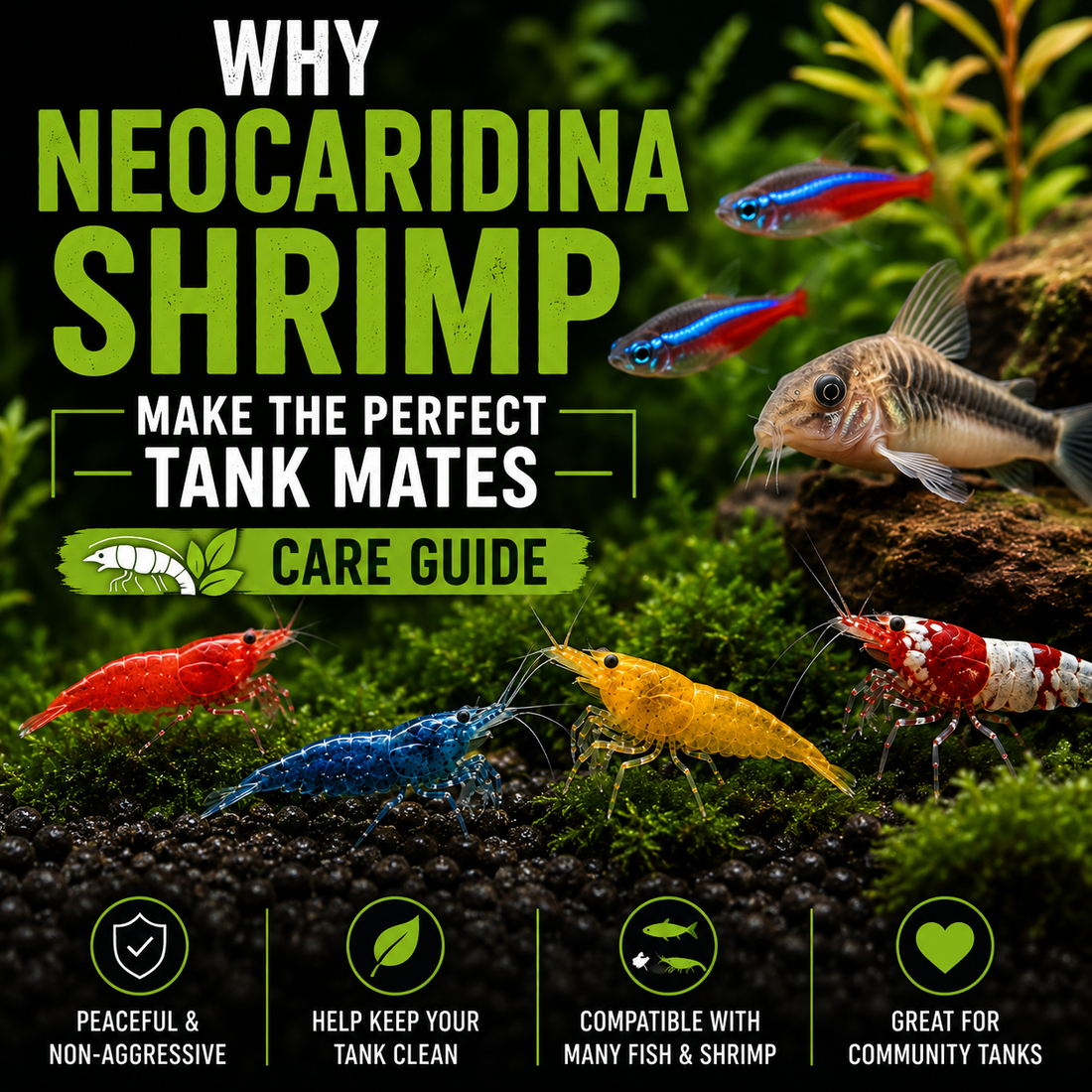 Colorful Neocaridina shrimp with peaceful freshwater fish in a planted aquarium, showing why Neocaridina shrimp make great community tank mates.