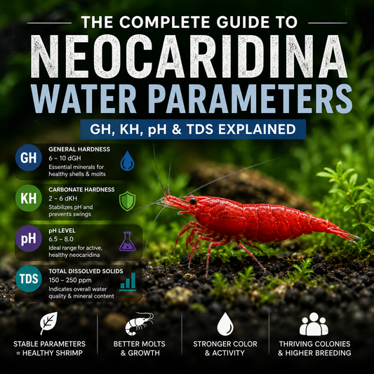 Red Neocaridina shrimp in a planted aquarium with a guide to ideal GH, KH, pH, and TDS water parameters.