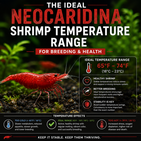 Red Neocaridina shrimp in a planted aquarium with an ideal temperature range of 65–74°F for breeding, health, and successful colonies.