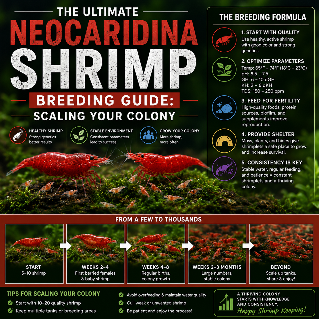 Neocaridina shrimp breeding colony with adult shrimp and shrimplets, illustrating breeding, colony growth, water parameters, and scaling a healthy shrimp colony.