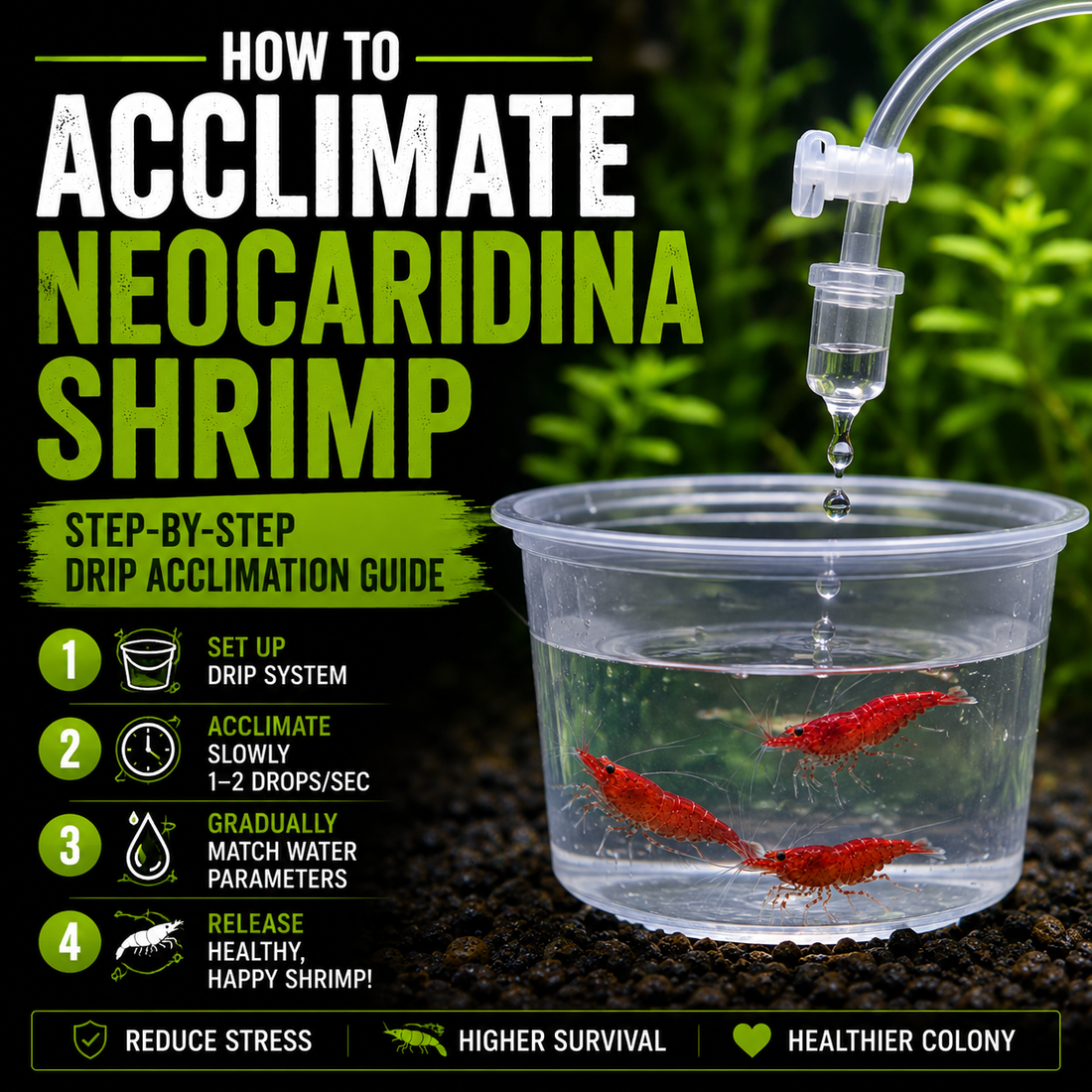 Red Neocaridina shrimp being slowly drip acclimated in a container, illustrating a step-by-step shrimp acclimation process to reduce stress and safely match aquarium water parameters.