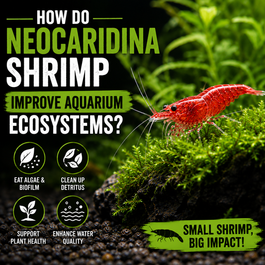 Red Neocaridina shrimp grazing on green aquarium moss, illustrating how Neocaridina shrimp support freshwater ecosystems by eating algae, biofilm, and detritus while supporting plant and water quality.