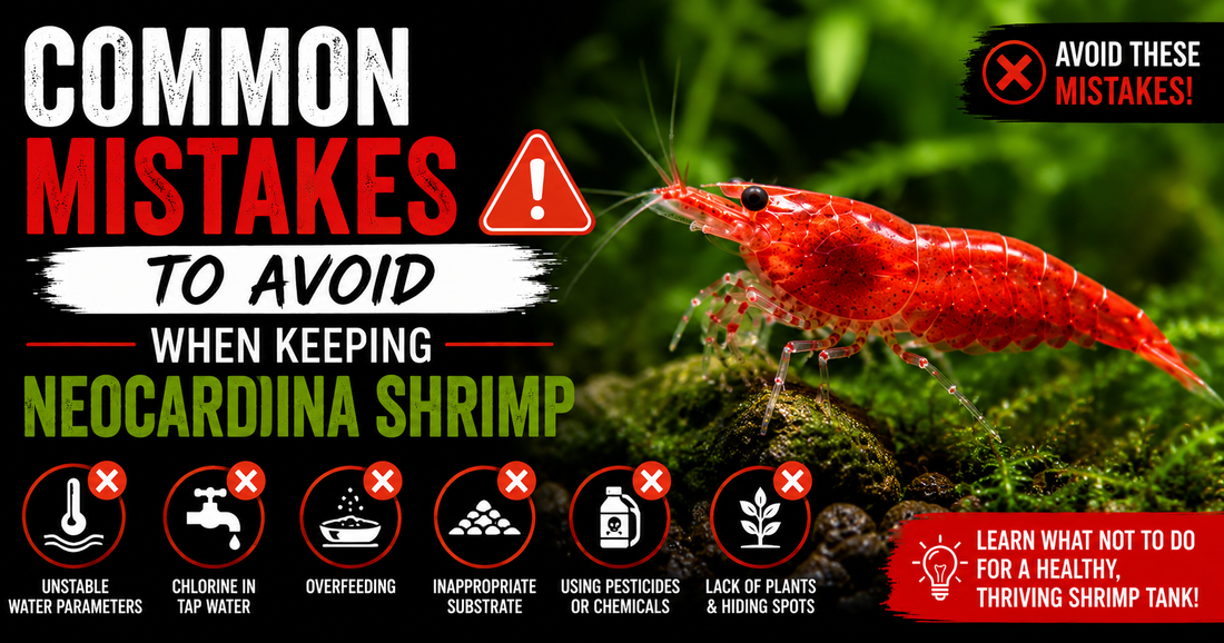 Red Neocaridina shrimp in a planted freshwater aquarium highlighting common shrimp-keeping mistakes, including unstable water parameters, overfeeding, chlorine, chemicals, and lack of hiding places.