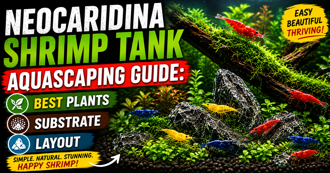 Colorful Neocaridina shrimp in a planted freshwater aquascape with live plants, dark substrate, rocks, and driftwood, illustrating shrimp tank aquascaping and layout ideas.