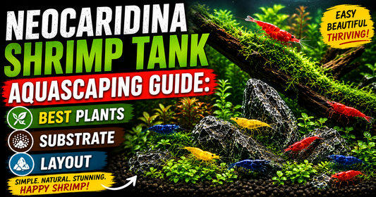 Colorful Neocaridina shrimp in a planted freshwater aquascape with live plants, dark substrate, rocks, and driftwood, illustrating shrimp tank aquascaping and layout ideas.