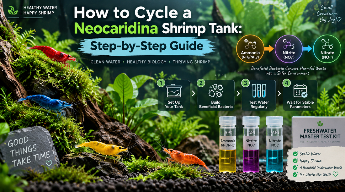 Neocaridina shrimp tank cycling guide showing colorful freshwater shrimp, planted aquarium, water testing, and the ammonia-to-nitrite-to-nitrate cycle.