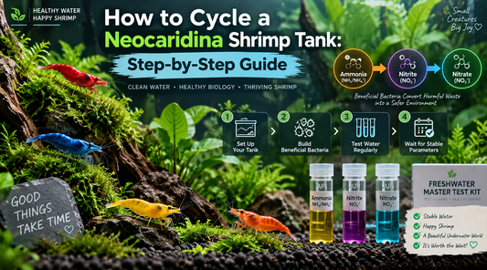 Neocaridina shrimp tank cycling guide showing colorful freshwater shrimp, planted aquarium, water testing, and the ammonia-to-nitrite-to-nitrate cycle.