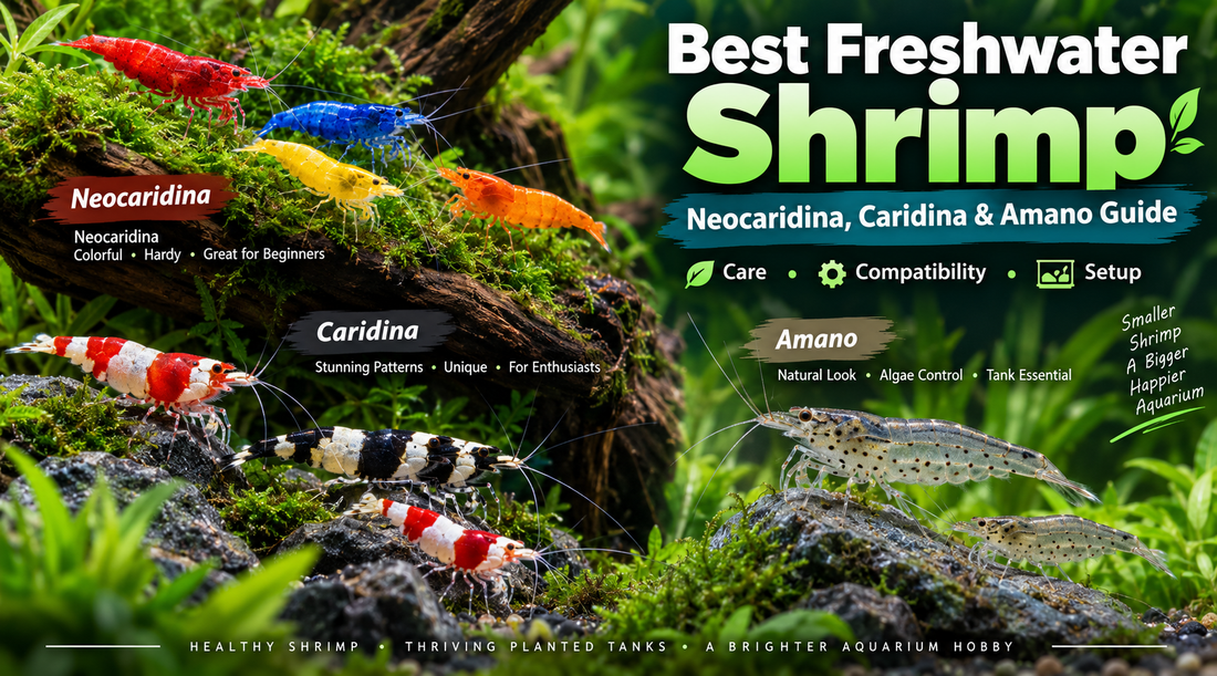 Best freshwater shrimp for aquariums featuring colorful Neocaridina, patterned Caridina, and Amano shrimp in a planted freshwater tank.
