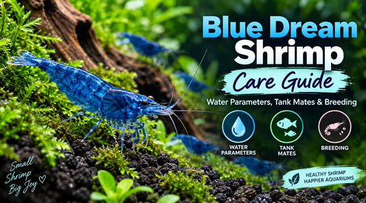 Blue Dream Neocaridina shrimp in a planted freshwater aquarium highlighting water parameters, compatible tank mates, and breeding care.