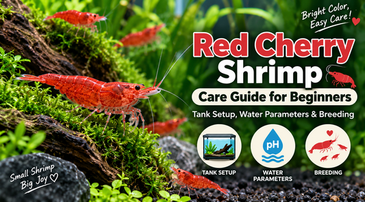 Red Cherry shrimp in a planted freshwater aquarium highlighting beginner tank setup, water parameters, and shrimp breeding care.