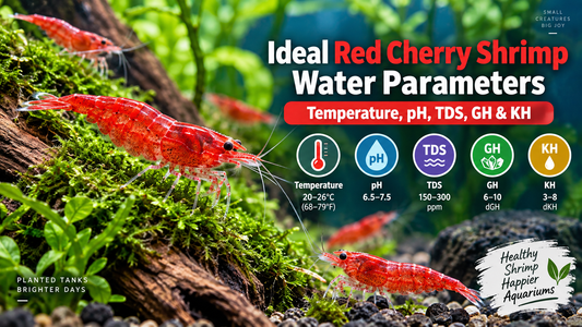 Red Cherry shrimp in a planted freshwater aquarium with ideal water parameters for temperature, pH, TDS, GH, and KH.