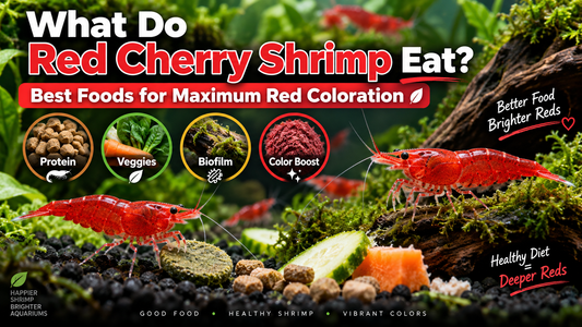 Red Cherry shrimp eating pellets, vegetables, and biofilm in a planted aquarium, highlighting foods that support healthy growth and vibrant red coloration.