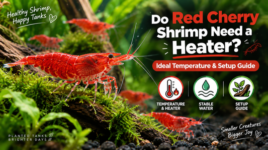 Red Cherry shrimp in a planted freshwater aquarium with a temperature and heater guide for maintaining stable water conditions.