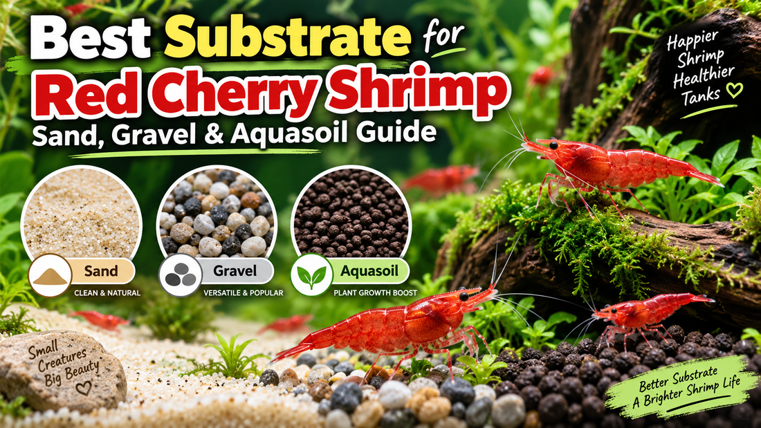 Red Cherry shrimp in a planted aquarium comparing sand, gravel, and aquasoil substrates for shrimp tanks.