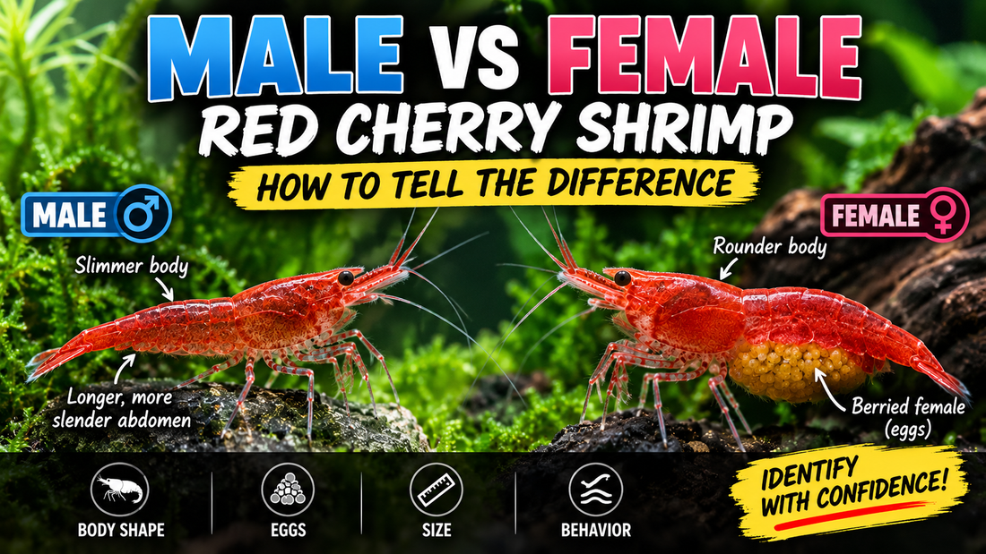 Male vs female Red Cherry shrimp comparison showing differences in body shape, abdomen size, and a berried female carrying eggs.