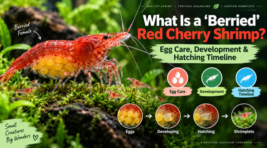 Berried Red Cherry shrimp carrying eggs in a planted aquarium, showing egg development, hatching stages, and baby shrimplets.