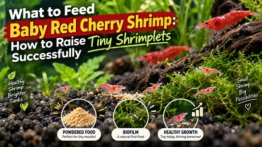 Baby Red Cherry shrimp feeding on powdered food and biofilm in a planted aquarium, highlighting healthy growth and successful shrimplet care.