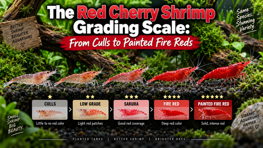 Red Cherry shrimp grading scale comparing culls, low-grade, Sakura, Fire Red, and Painted Fire Red shrimp by red color coverage and intensity.