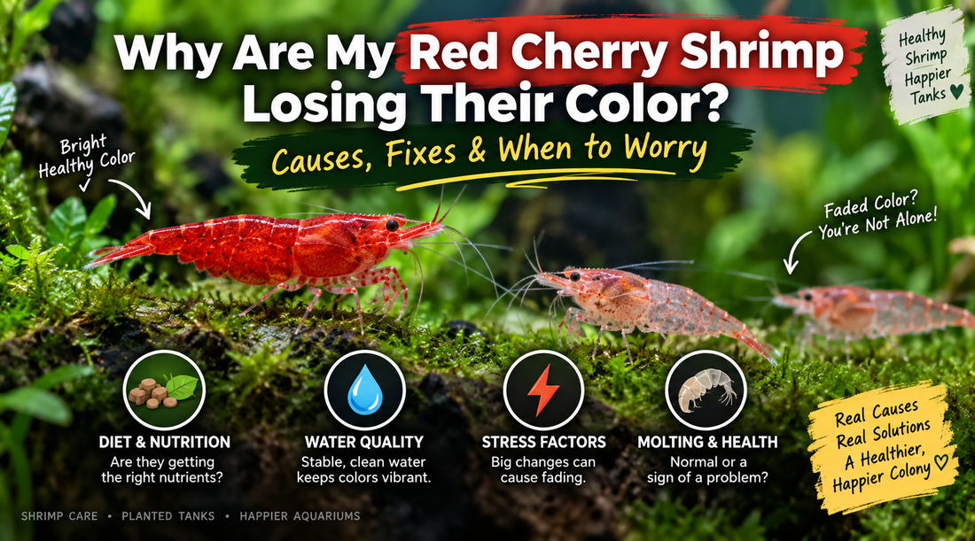 Red Cherry shrimp showing bright and faded coloration in a planted aquarium, highlighting diet, water quality, stress, molting, and health as causes of color loss.