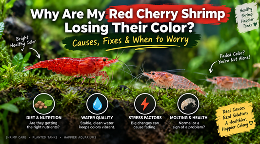 Red Cherry shrimp showing bright and faded coloration in a planted aquarium, highlighting diet, water quality, stress, molting, and health as causes of color loss.