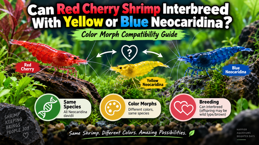 Red Cherry, Yellow, and Blue Neocaridina shrimp in a planted aquarium illustrating that different color morphs can interbreed and may produce wild-type offspring.