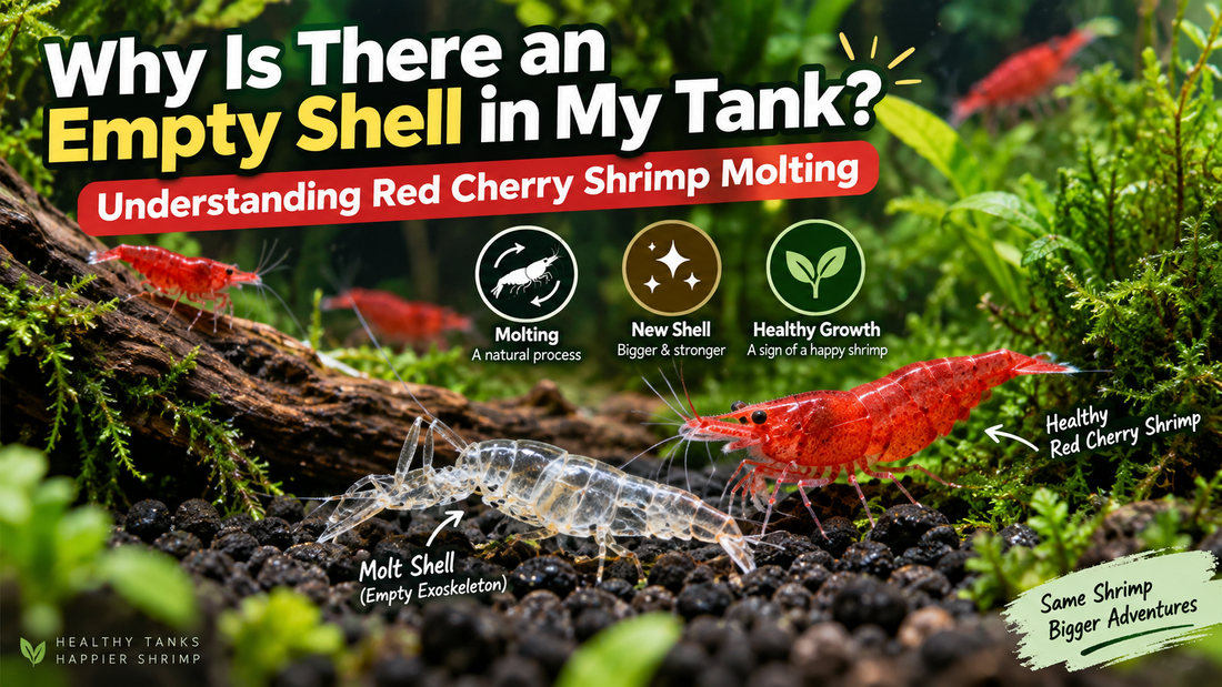 Red Cherry shrimp beside an empty shed exoskeleton in a planted aquarium, illustrating the natural molting process and healthy shell growth.