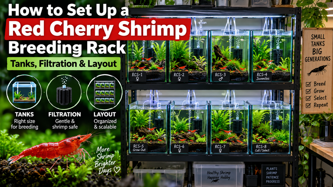 Red Cherry shrimp breeding rack with multiple planted tanks, sponge filters, and an organized layout for breeding, grow-out, and selective culling.