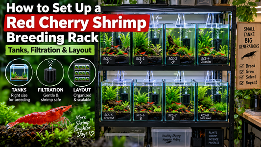 Red Cherry shrimp breeding rack with multiple planted tanks, sponge filters, and an organized layout for breeding, grow-out, and selective culling.