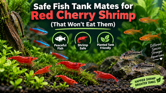 Red Cherry shrimp with peaceful nano fish in a planted aquarium, showing shrimp-safe tank mates that are less likely to prey on adult shrimp.