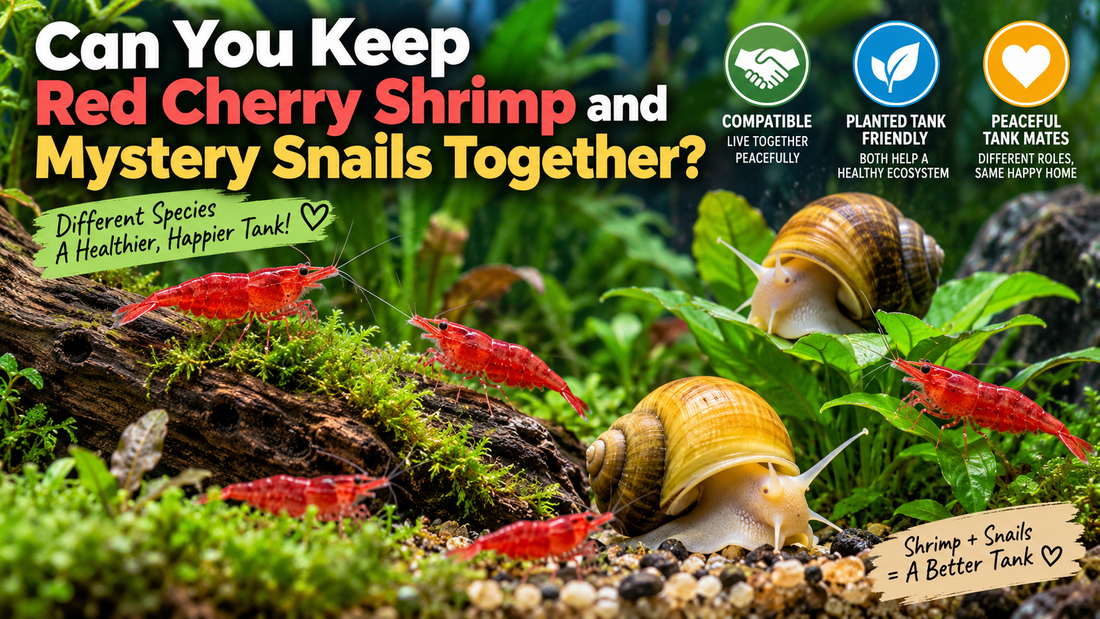 Red Cherry shrimp and Mystery snails together in a planted freshwater aquarium, showing peaceful compatibility and a shared shrimp-and-snail tank setup.