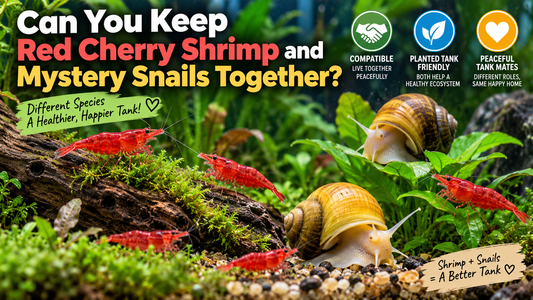 Red Cherry shrimp and Mystery snails together in a planted freshwater aquarium, showing peaceful compatibility and a shared shrimp-and-snail tank setup.