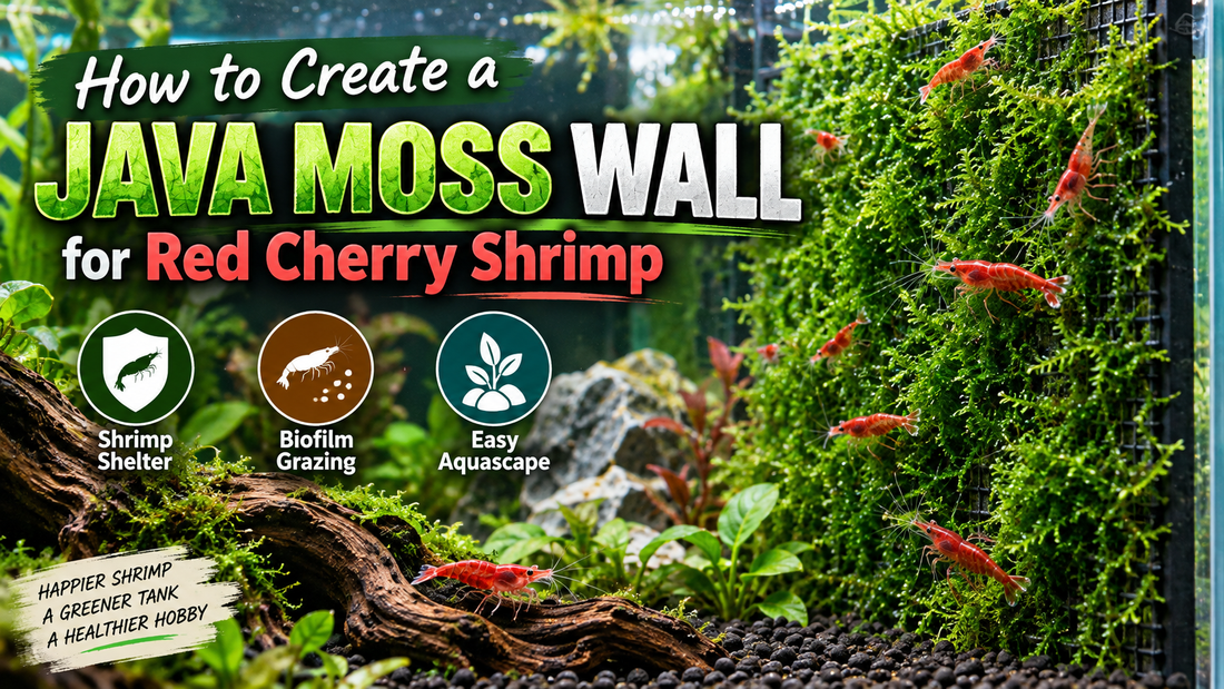 Red Cherry shrimp grazing on a lush Java moss wall in a planted aquarium, showing natural shelter, biofilm feeding, and shrimp-friendly aquascaping.
