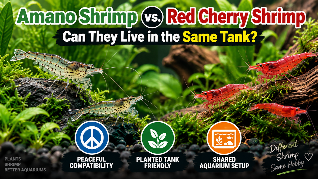 Amano shrimp and Red Cherry shrimp together in a planted aquarium, showing peaceful compatibility and a shared freshwater tank setup.