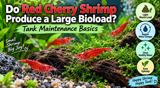Red Cherry shrimp in a planted aquarium illustrating their light bioload, regular water changes, clean water, and easy tank maintenance.