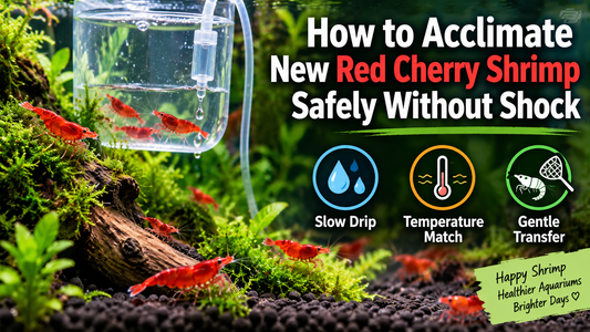 Red Cherry shrimp being drip acclimated before entering a planted aquarium, showing slow water adjustment, temperature matching, and gentle transfer.