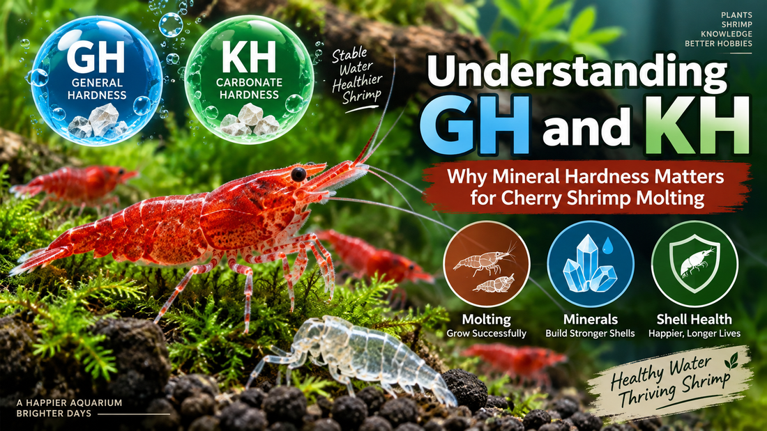 Red Cherry shrimp and a shed exoskeleton in a planted aquarium illustrating how GH and KH mineral hardness support healthy molting and shell development.