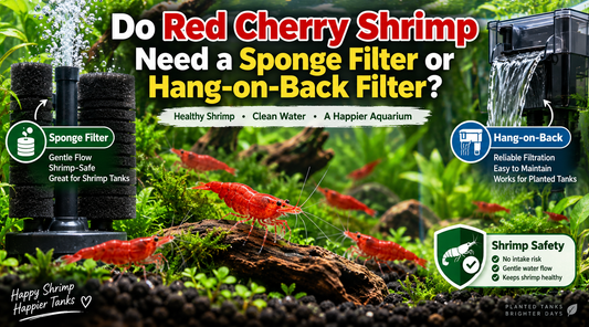 Red Cherry shrimp in a planted aquarium comparing a sponge filter and hang-on-back filter for safe filtration, gentle flow, and clean water.