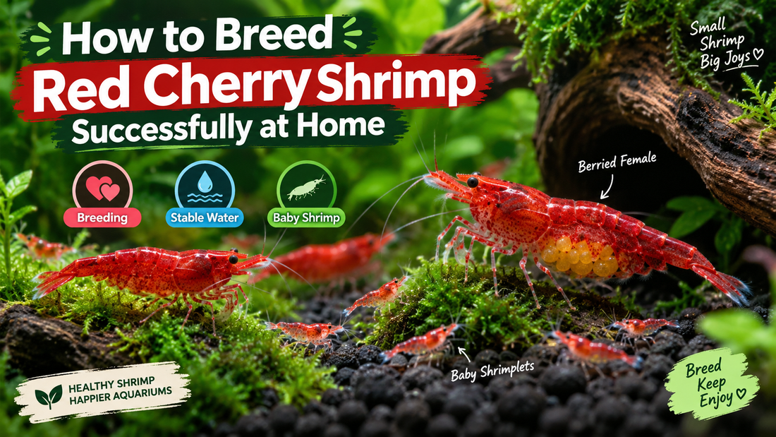 Red Cherry shrimp breeding in a planted aquarium with a berried female carrying eggs and baby shrimplets, highlighting stable water and successful home breeding.