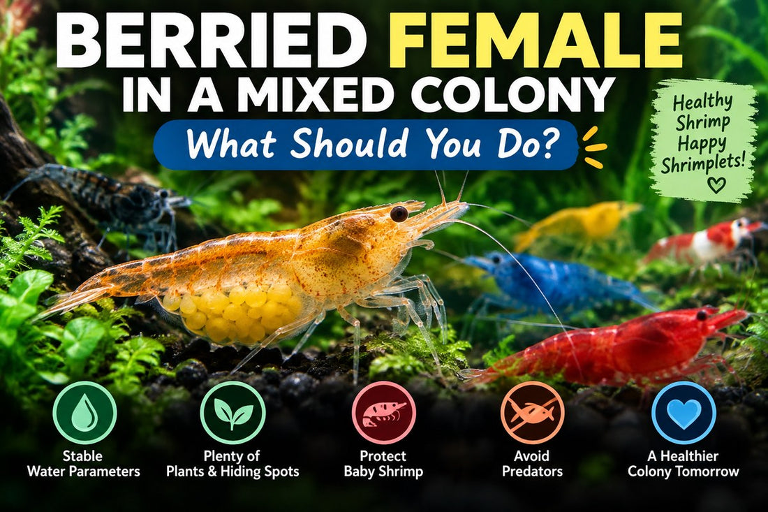 Berried female Skittles shrimp carrying eggs in a mixed-color Neocaridina colony