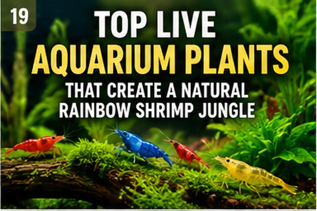 Colorful Skittles shrimp in a lush planted aquarium with moss and live aquarium plants