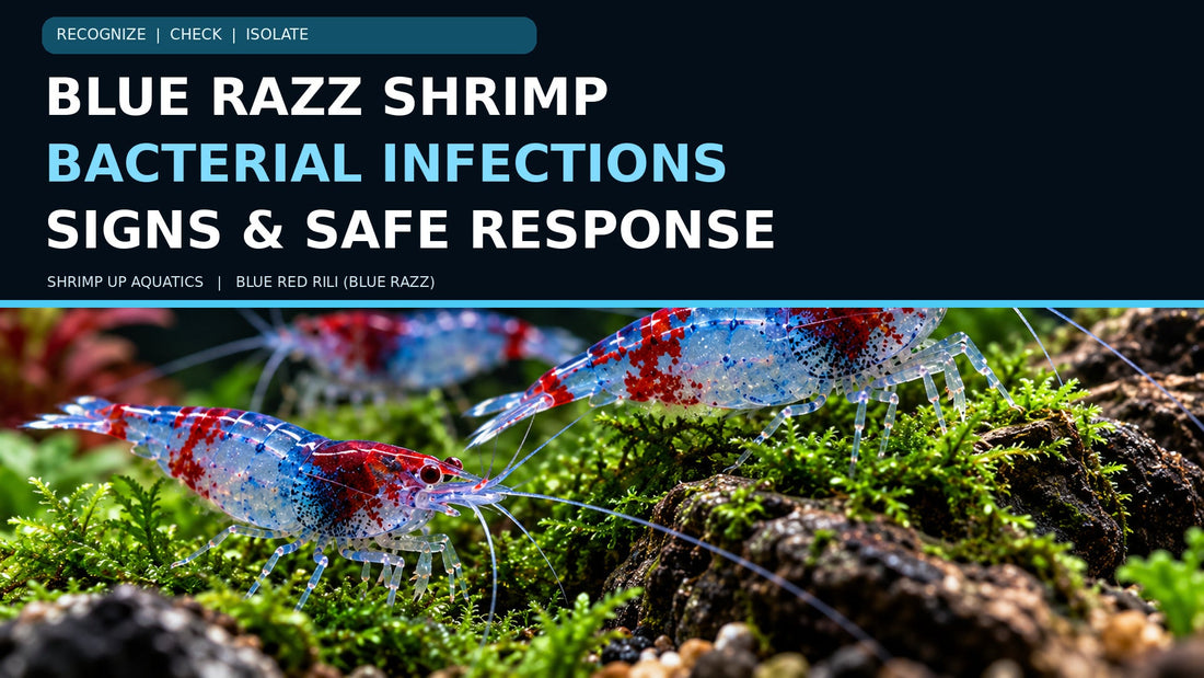 Blue Red Rili shrimp on moss with title Bacterial Infections: Signs and Safe Response
