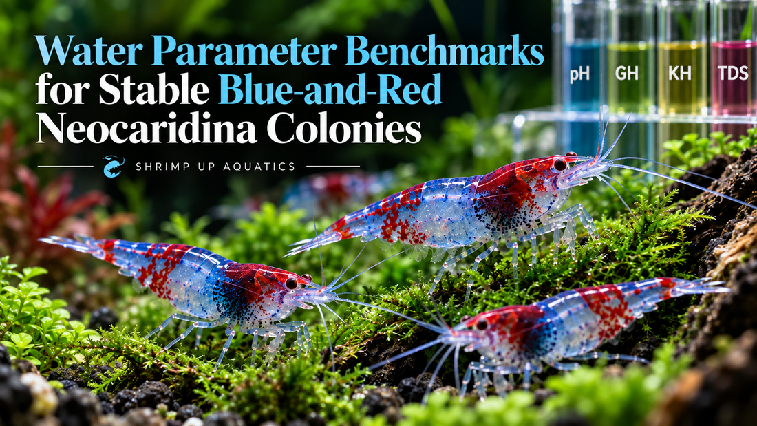 Blue Razz shrimp in a planted tank beside water test symbols, titled Water Parameter Benchmarks for Blue-and-Red Neocaridina Colonies
