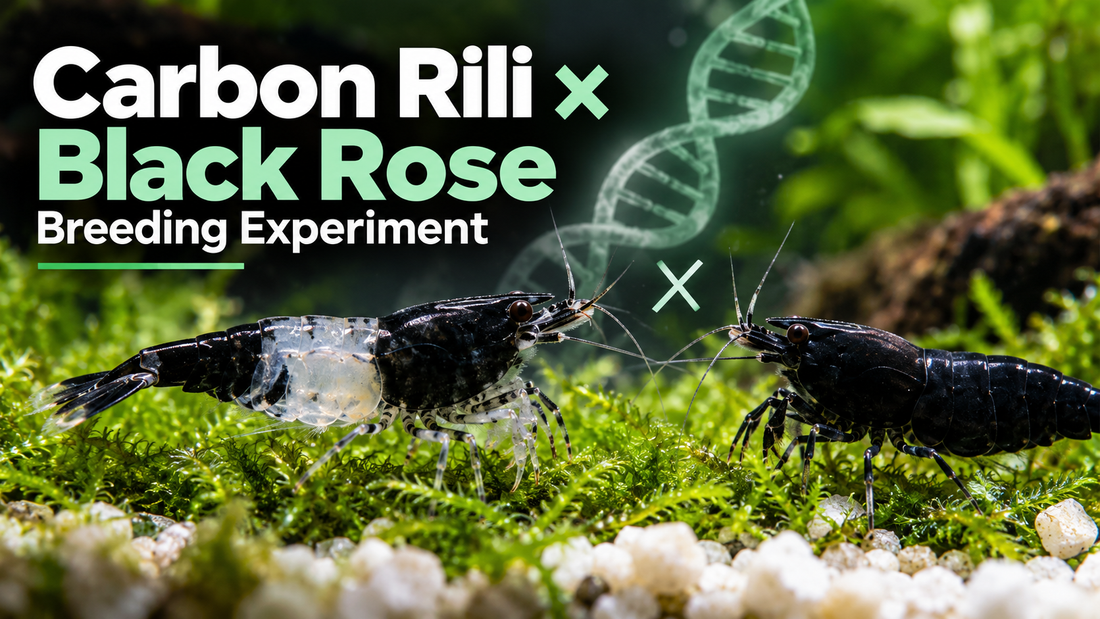 Black-and-clear Carbon Rili opposite solid-dark Black Rose shrimp in aquarium moss, with breeding cross illustration.