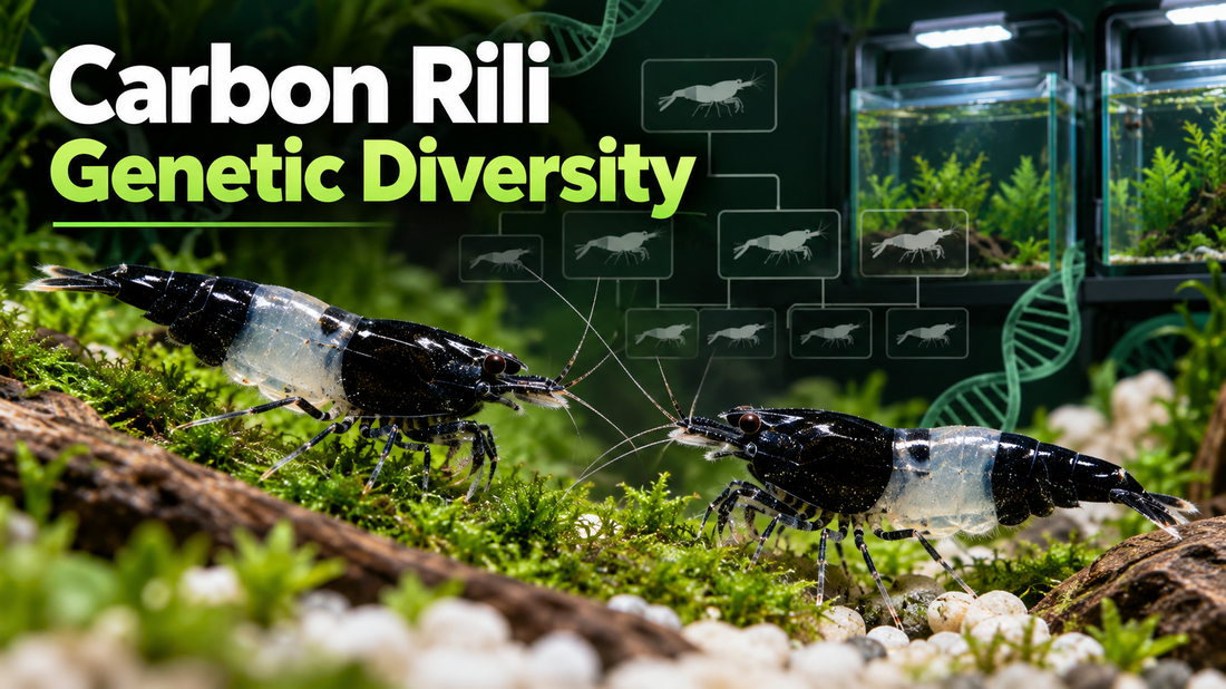 Two Carbon Rili shrimp showing dark-and-clear bands in front of labeled breeding aquariums and a faint family-tree illustration.
